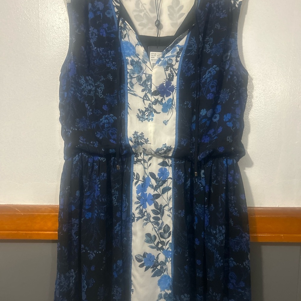Adrianna Papell Navy and White Floral Layered Dress